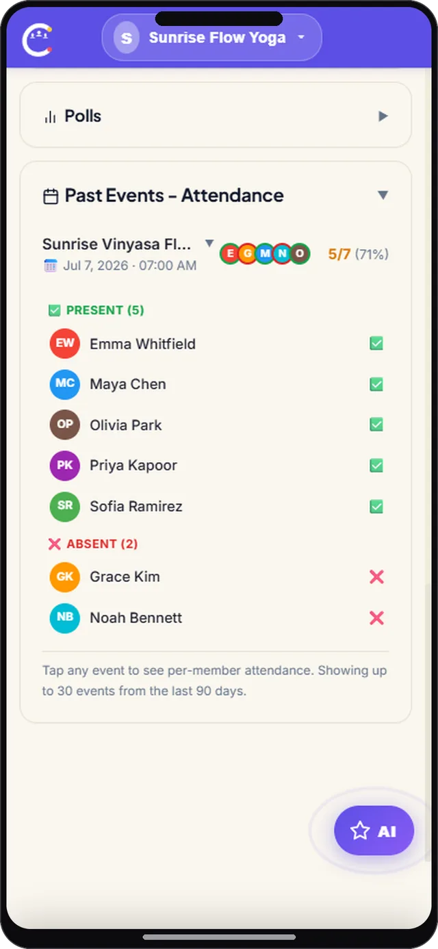 Attendance screen in CircleUs for instructors