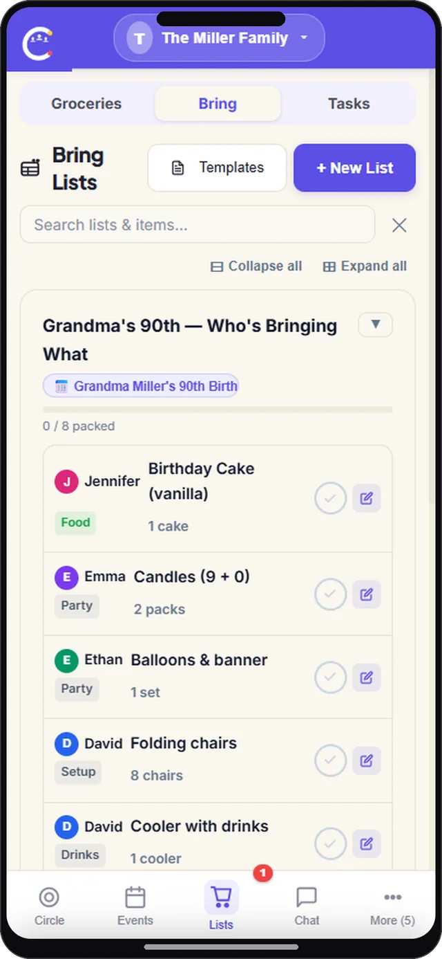 Bring list on CircleUs