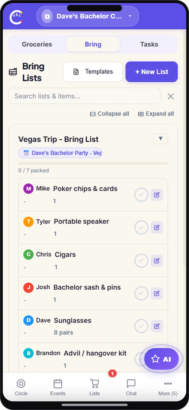 Bring list screen in CircleUs for friend groups