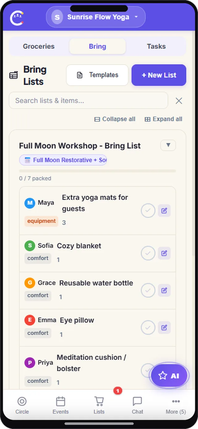 Bring list screen in CircleUs for instructors