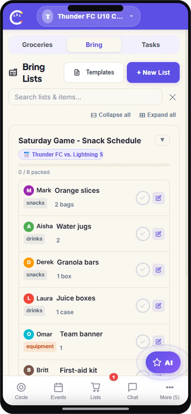 Bring list screen in CircleUs for sports teams