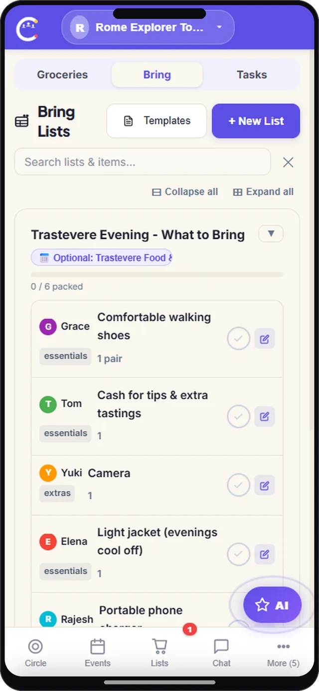 Bring list screen in CircleUs for tour guides