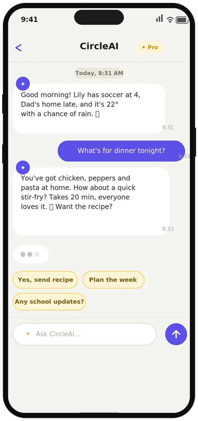 CircleAI assistant chat inside the CircleUs app