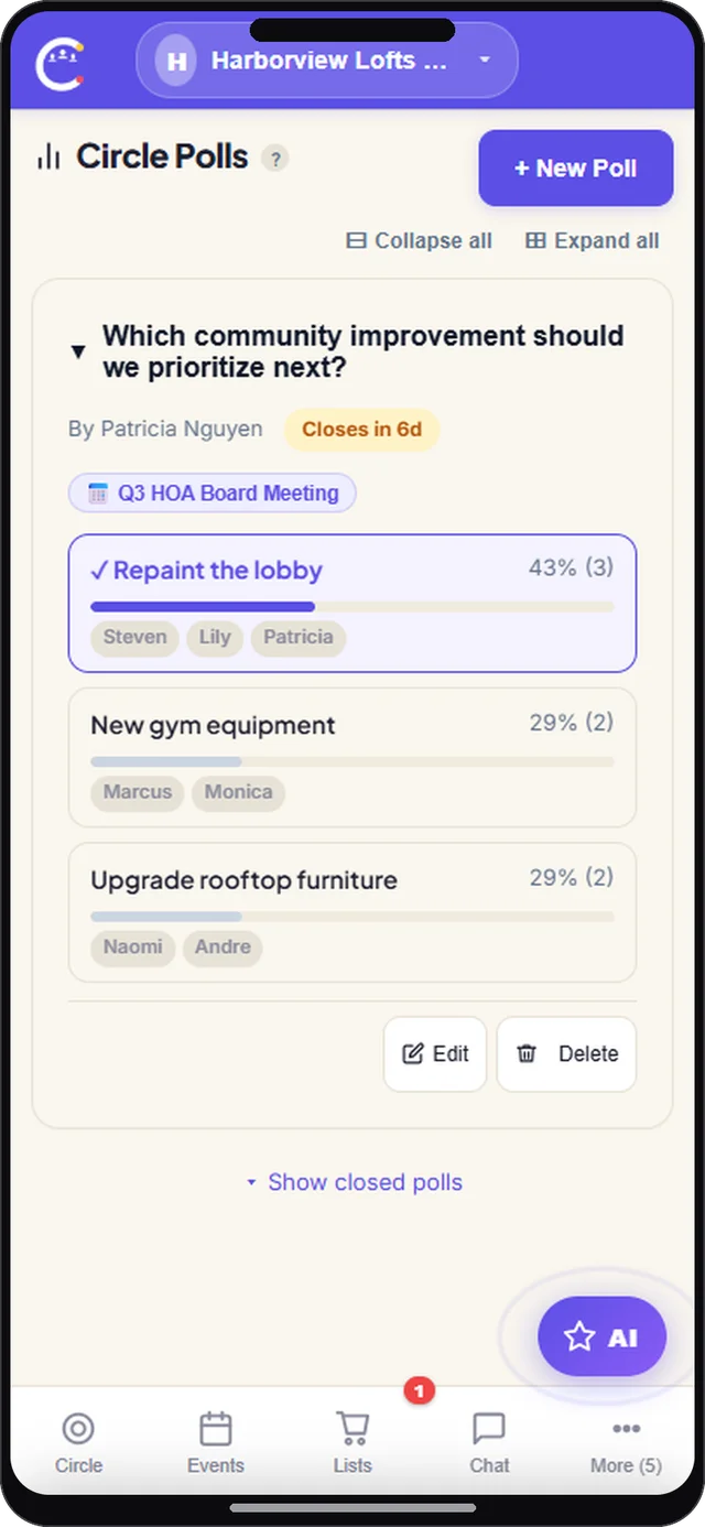 CircleUs for neighborhoods - HOA poll screen in the CircleUs app