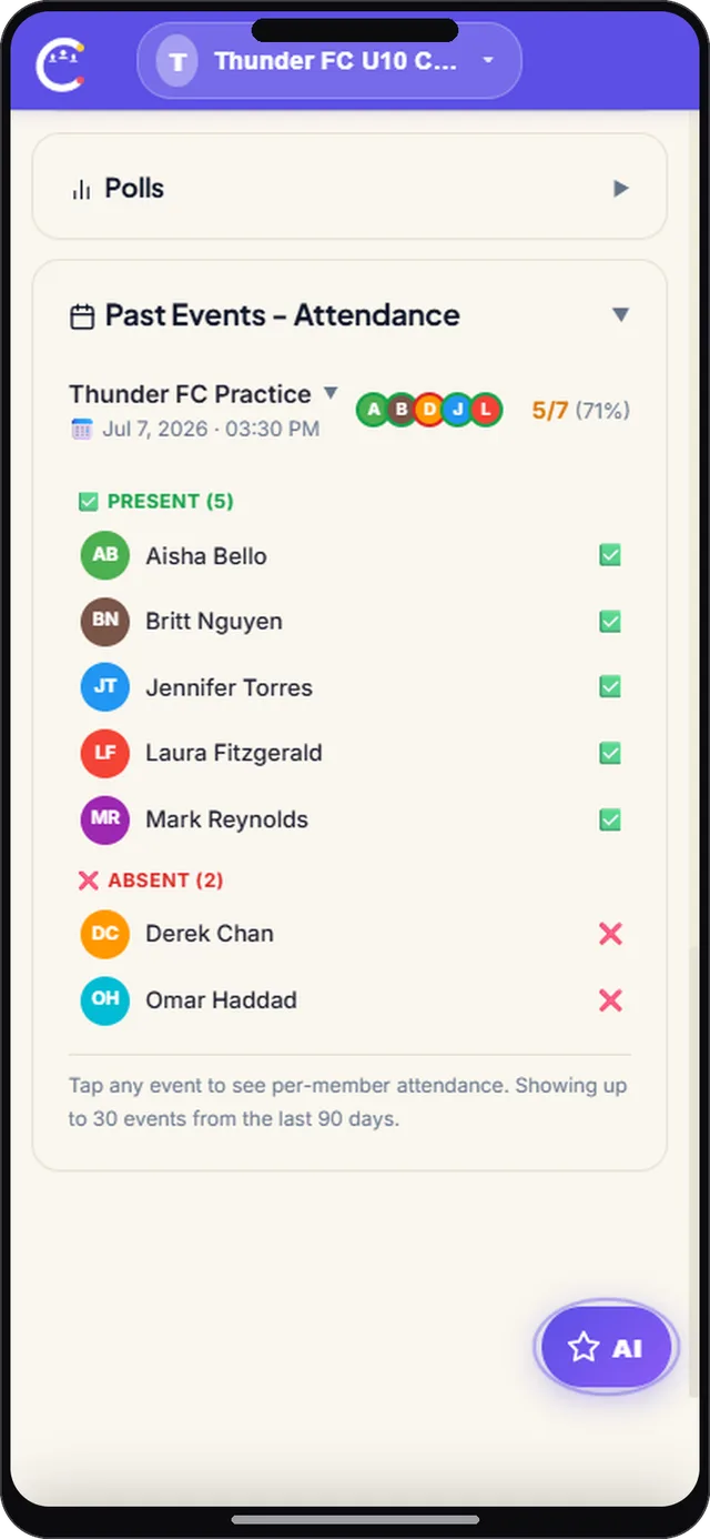 CircleUs for sports teams, attendance