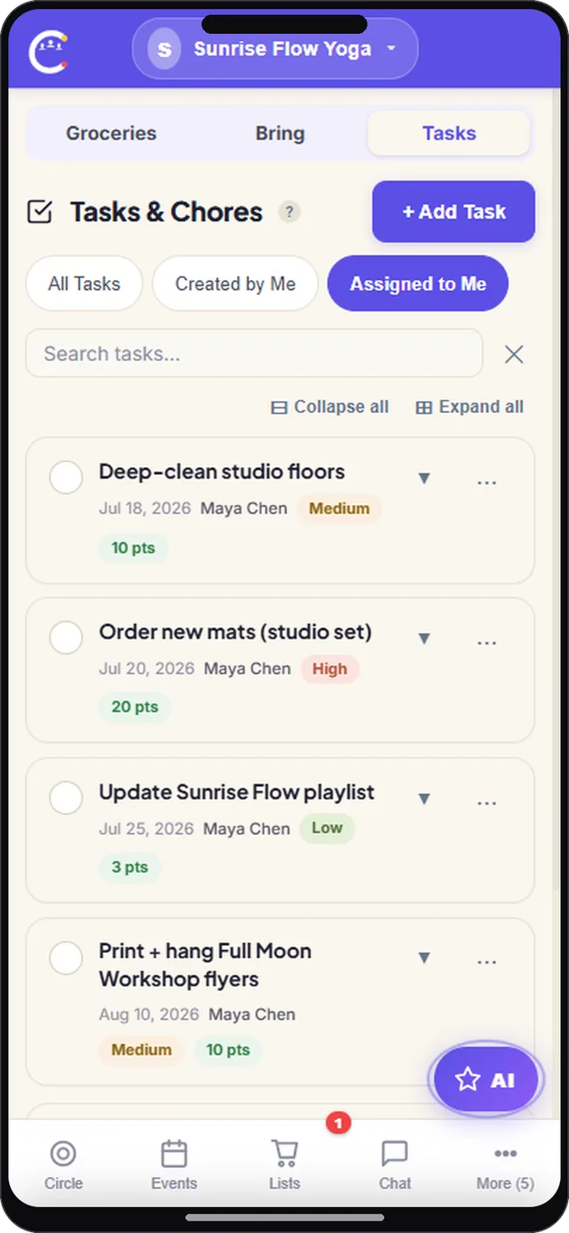 Class prep tasks screen in CircleUs for instructors