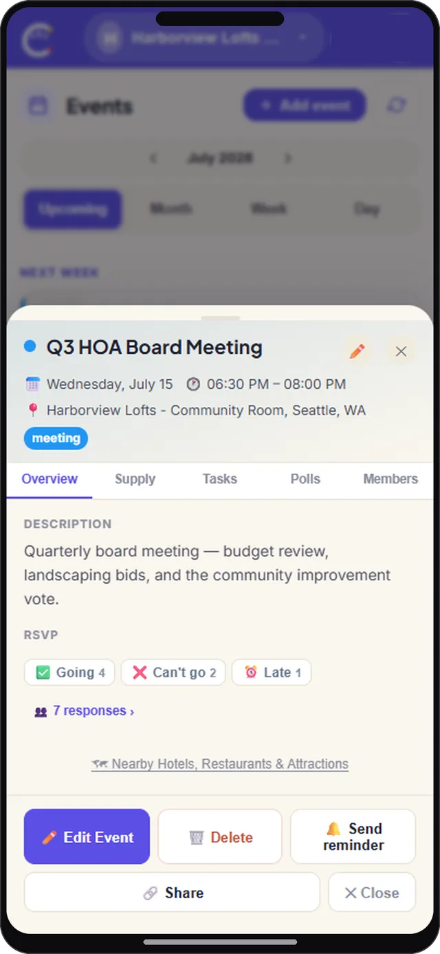 Events and RSVP screen in CircleUs for neighborhoods