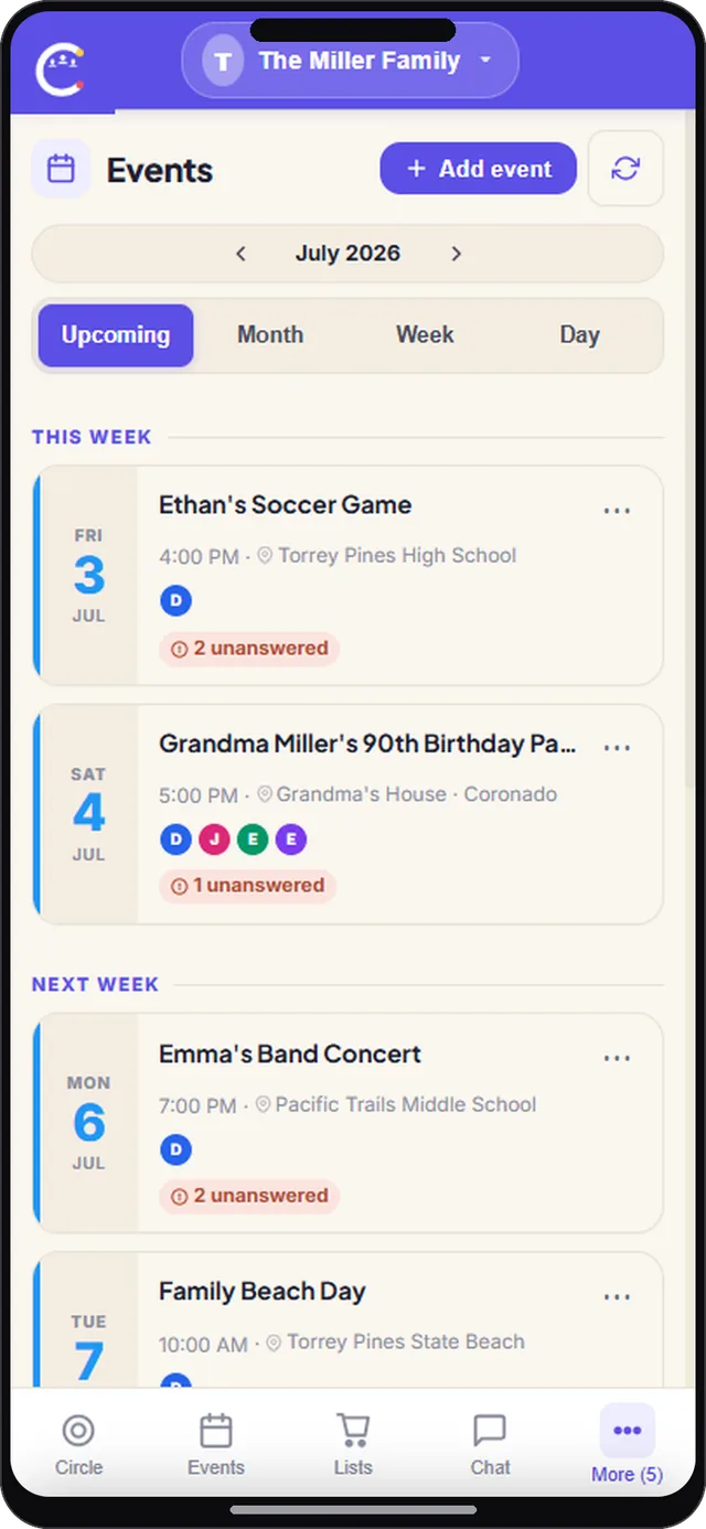 Events calendar view on CircleUs