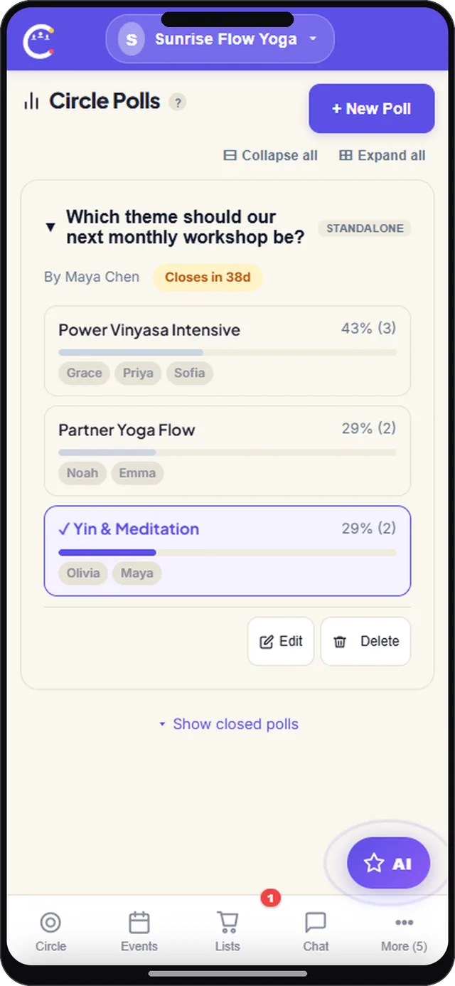 Group polls screen in CircleUs for instructors