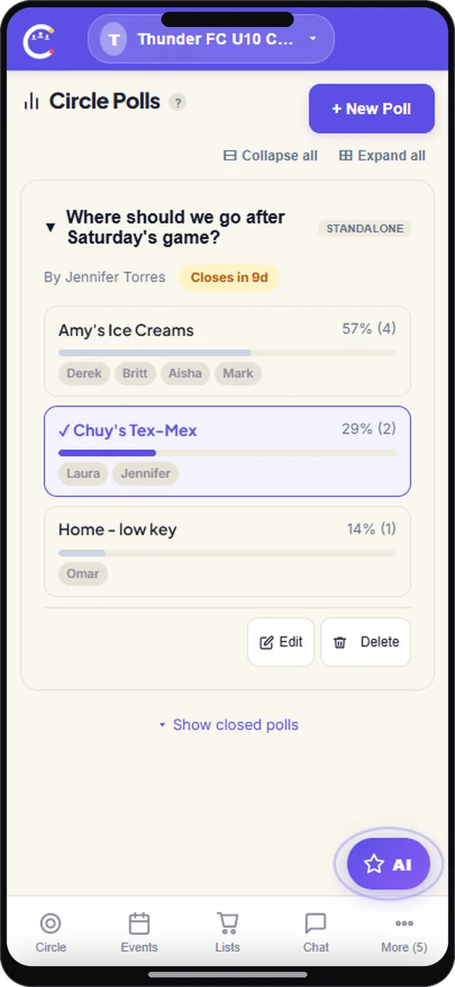 Group polls screen in CircleUs for sports teams