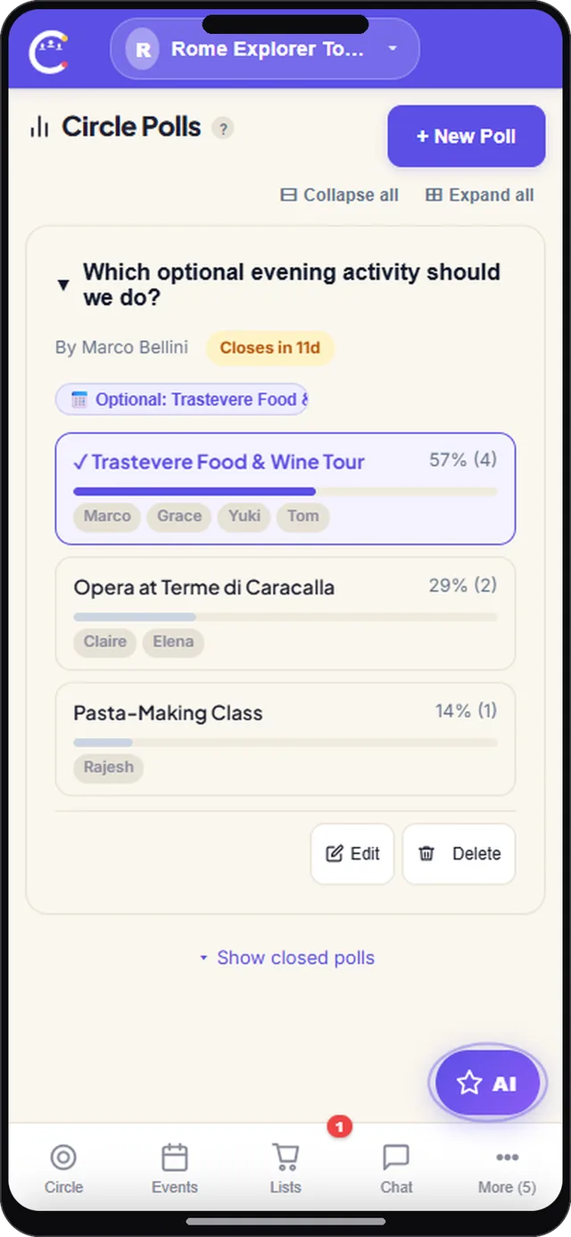 Group polls screen in CircleUs for tour guides