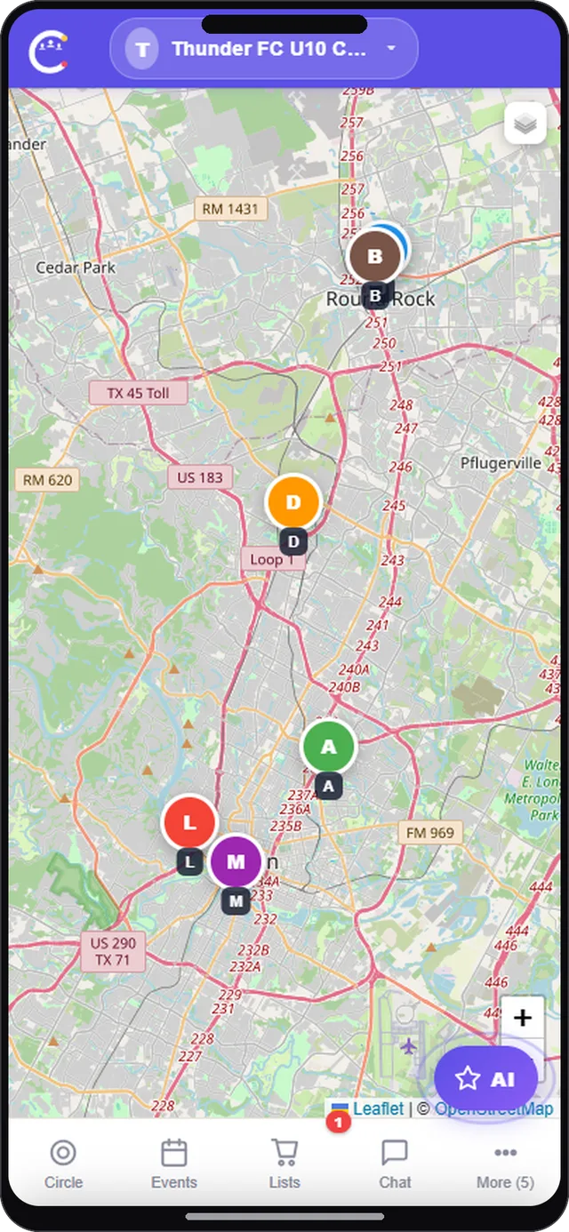 Live location screen in CircleUs for sports teams