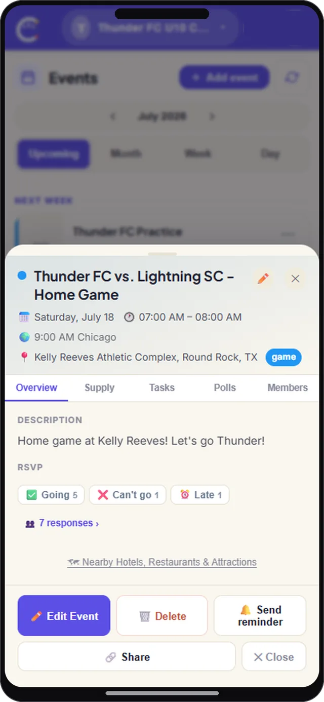 Season schedule screen in CircleUs for sports teams