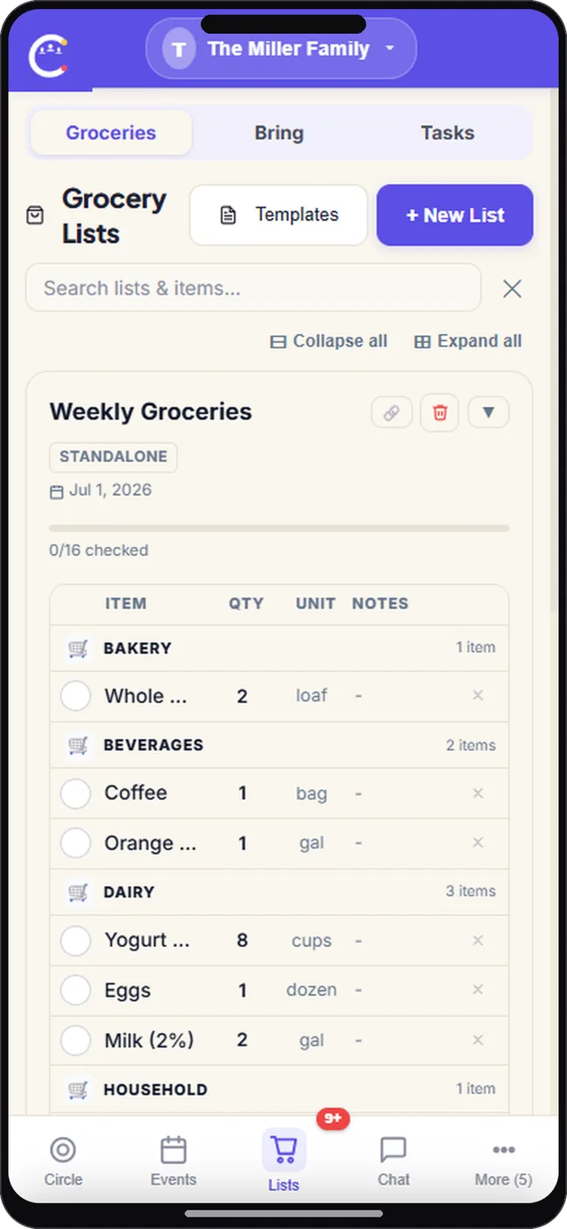 Shared grocery list on CircleUs