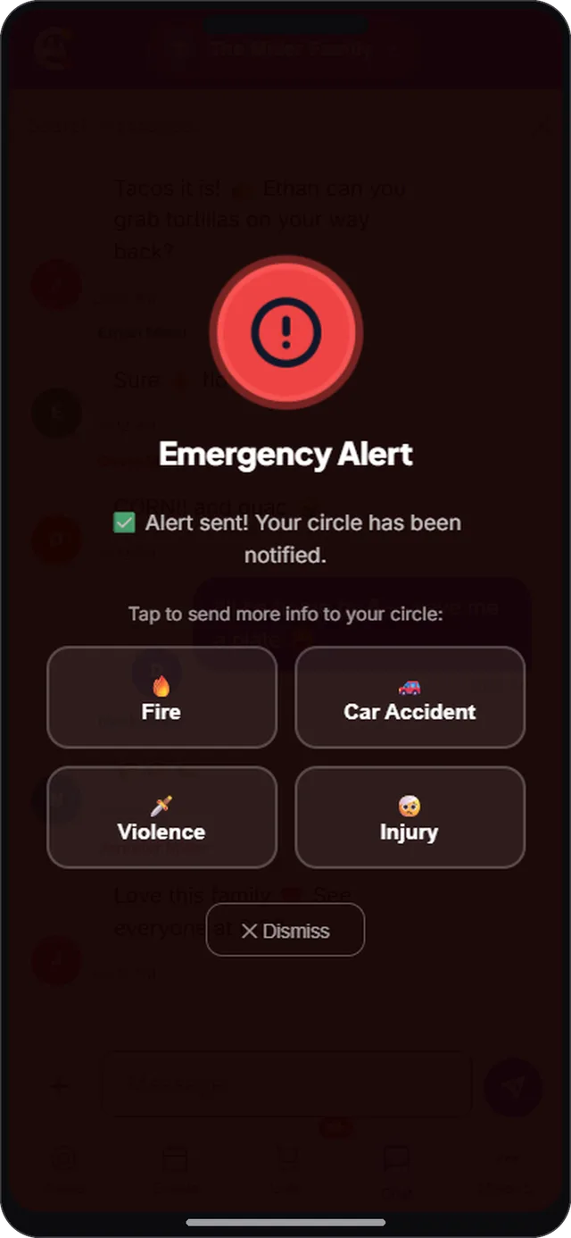 SOS emergency alert screen in CircleUs for families