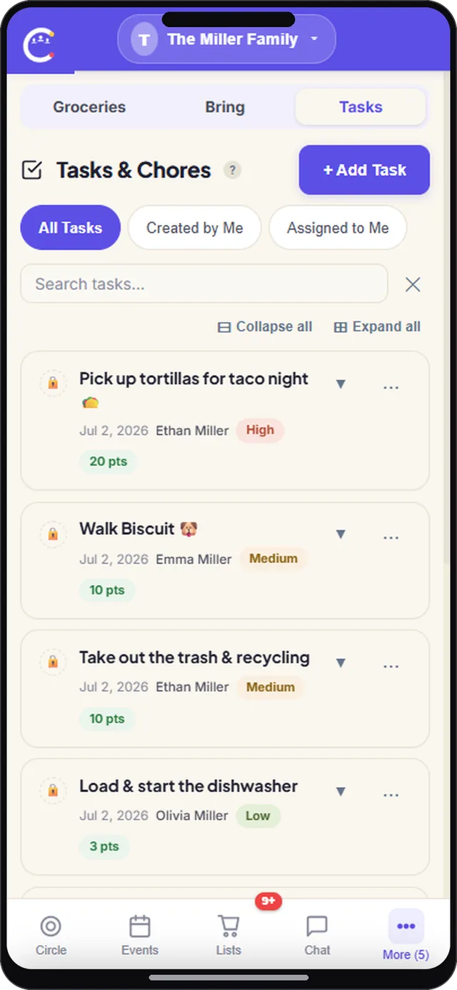 Tasks and chores on CircleUs