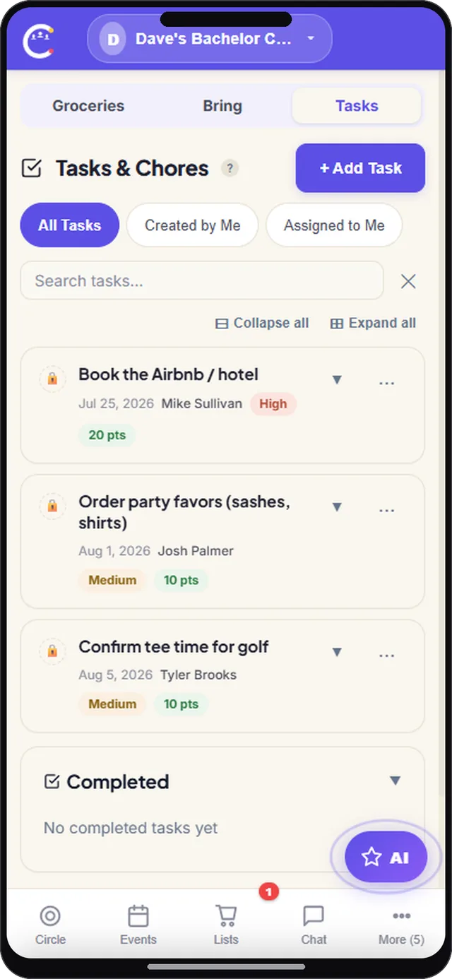 Tasks and chores screen in CircleUs for friend groups