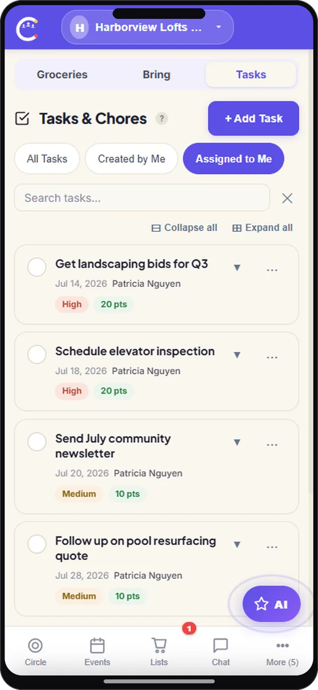 Tasks and chores screen in CircleUs for neighborhoods