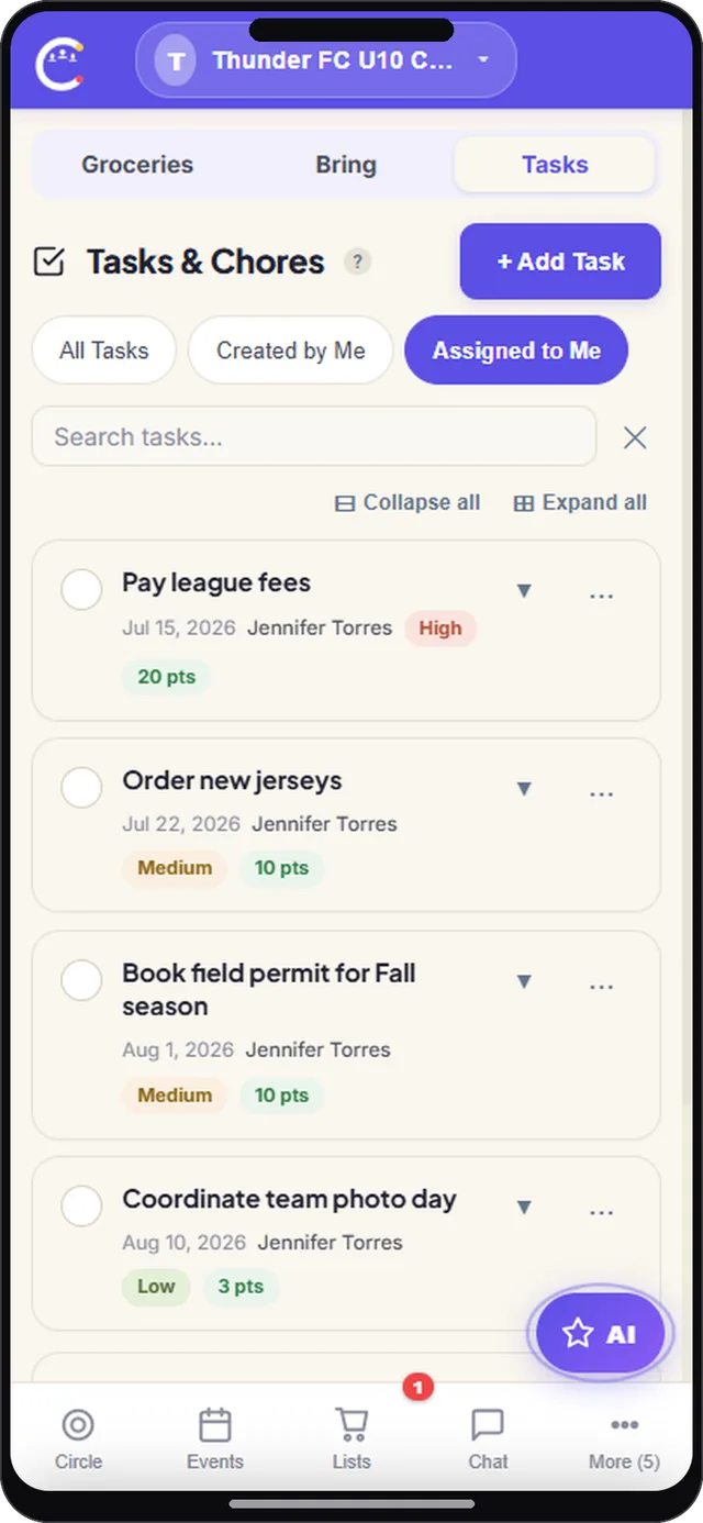 Tasks and chores screen in CircleUs for sports teams