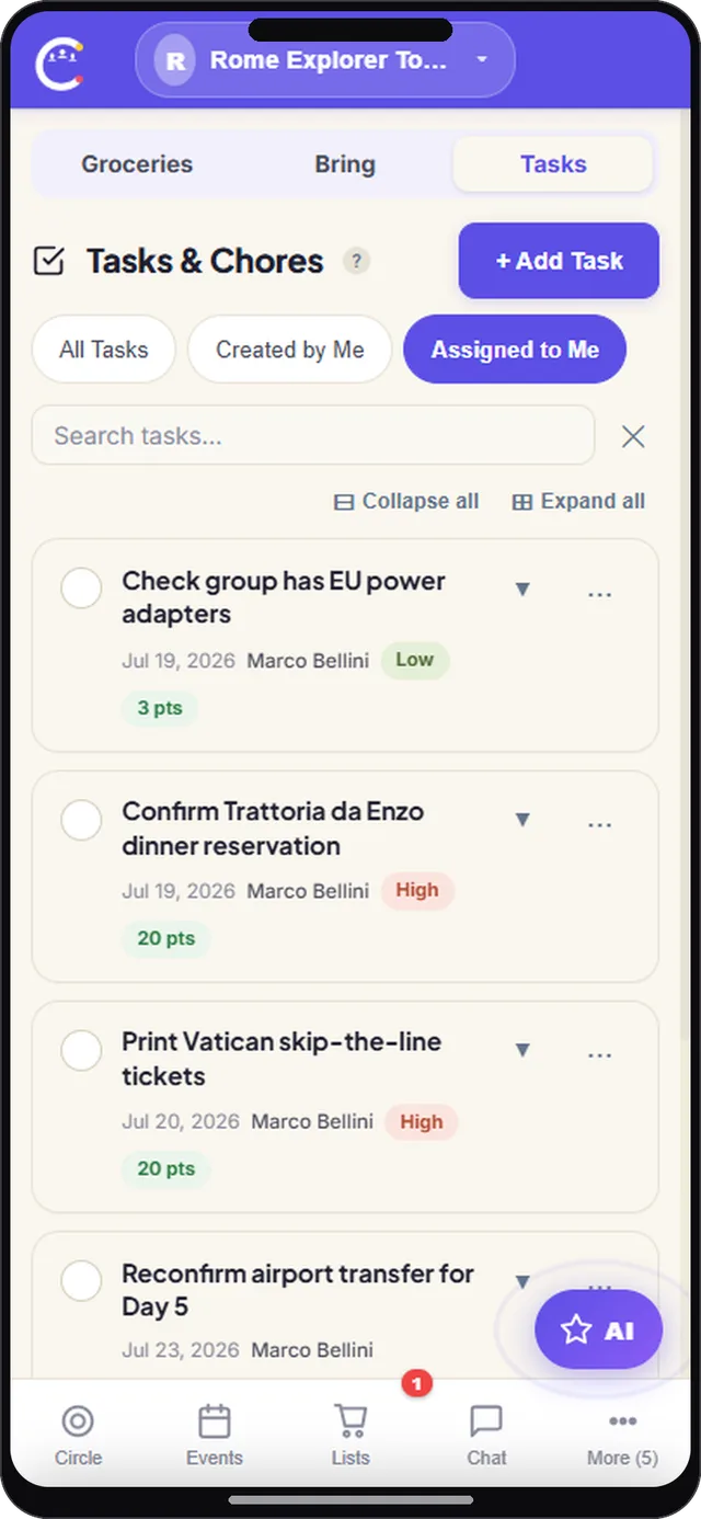 Tasks and chores screen in CircleUs for tour guides
