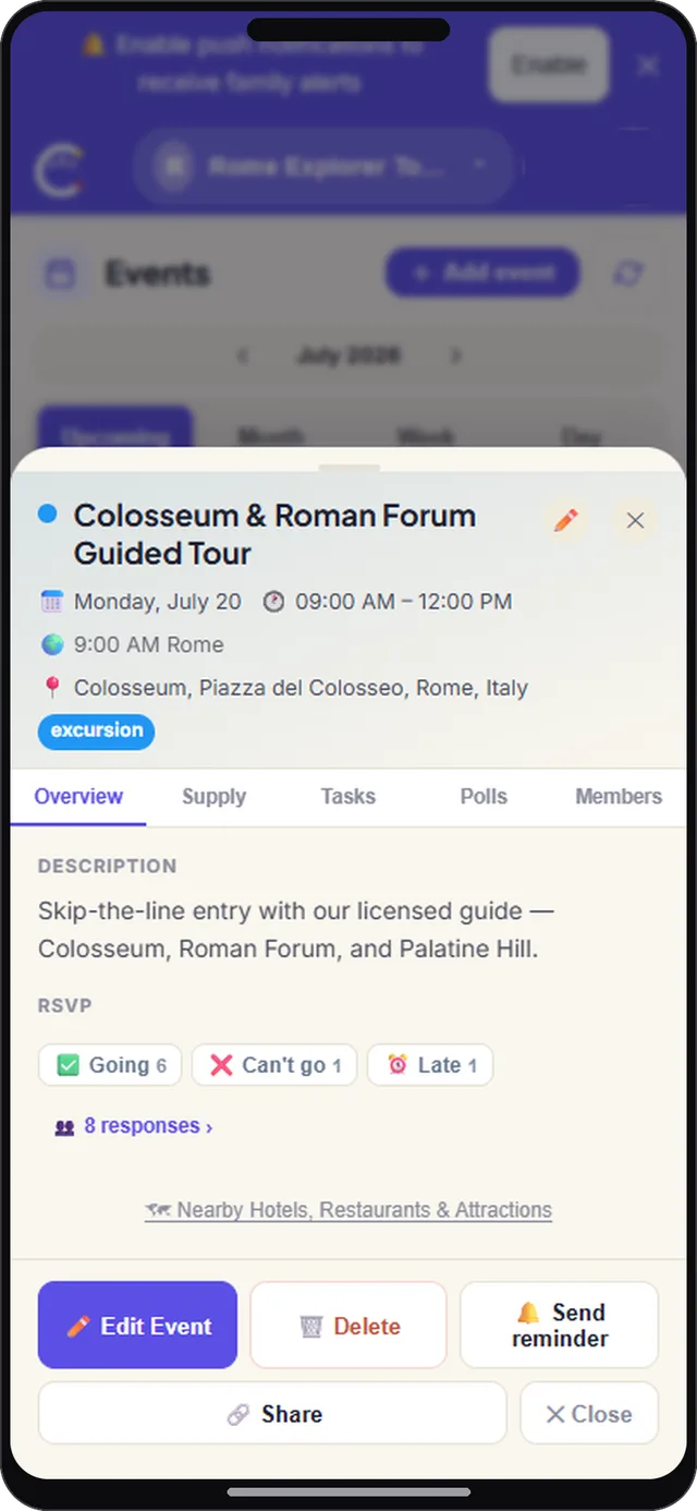 Tour itinerary screen in CircleUs for tour guides
